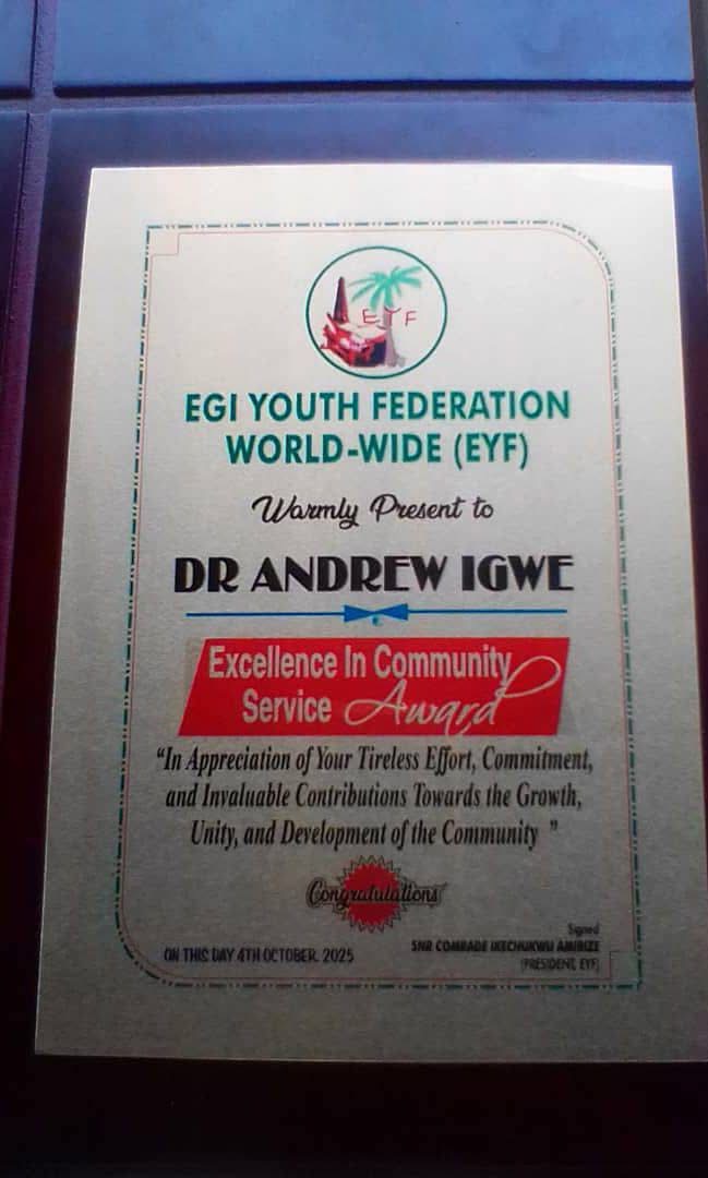 Egi Youth Federation Honours Dr. Andrew Igwe with Award of Excellence in Community Service