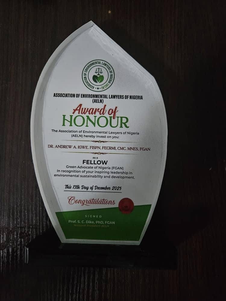 Association of Environmental Lawyers of Nigeria Honours Dr. Andrew Igwe with Fellow, Green Advocate of Nigeria (FGAN) Award photo 3